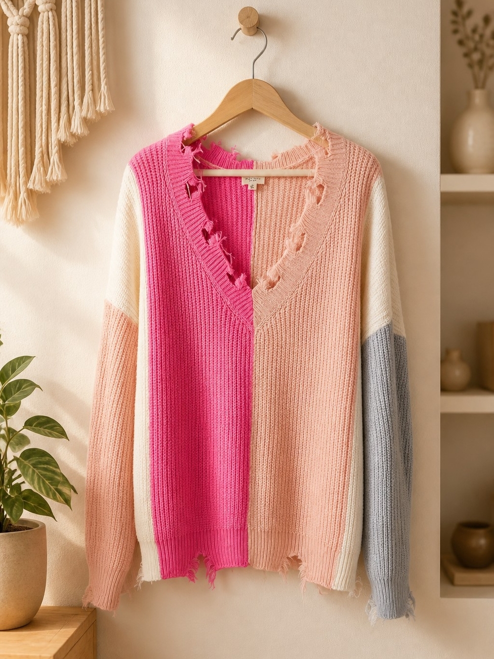 Colorblock Distressed V-Neck Sweater - Pink & Peach - Picture 1 of 8